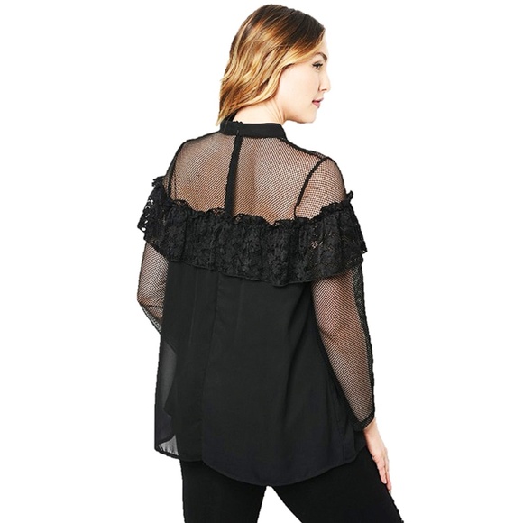 PLUS Black Victorian Gothic Lace Trim Chiffon Top - Picture 7 of 8